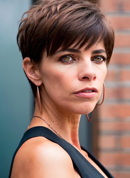 closeup portrait of skswoman, angry , wearing romper , with copper Asymmetrical haircut , background classroom epic (photo, studio lighting, hard light, sony a7, 50 mm, matte skin, pores, colors, hyperdetailed, hyperrealistic), <lyco:Maribel Verdu:1.1>