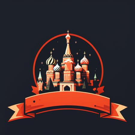 (masterpiece, best quality:1.2), (ribbon logo:1.2), (the st basil's cathedral, colorful, onion-domed, moscow, russia, red, gold, spires, domes, historic, orthodox:0.9), (no humans:1.1), (monochrome:1.2), gradient background