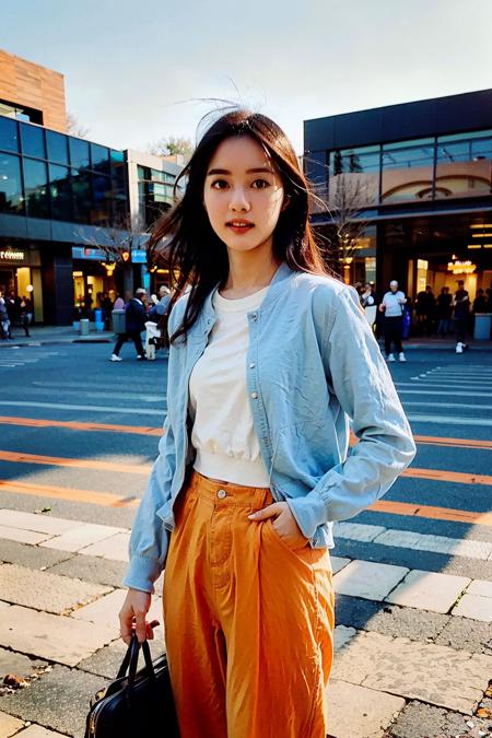 (RAW photo, best quality), (realistic, photo-realistic:1.30),girly,solo,1girl,detailed eyes,hair decoration,trendy expression,jacket,top,pants,(style:1.5),outdoors,mall,clothes,detailed background,(blue and orange tone impression:1.3), soft lighting,gorgeous light and shadow ,stunning environment, hyperdetailed, (aestheticism), ethereal, golden hour,   <lora:yulijun:0.8>