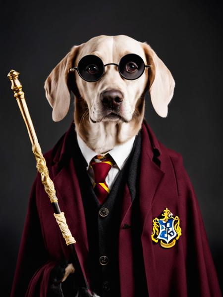 fashion photography of a dog harry potter with harry potter accessories like glasses and magic stick,  <lora:William_Wegman:0.6>