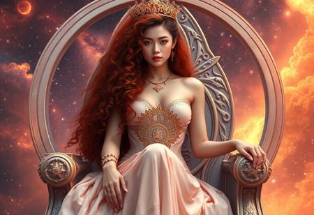 Stunning portrait of the beautiful Queen of the Cosmos, with Asian skin, sitting on an Etheral Throne, ((Gorgeous Long Curly Red Hair:1.1) ), Use warm tones and soft lighting, galaxy background