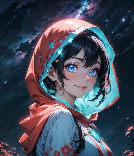 masterpiece, high quality, highres, absurdres, 1girl, piyama, smile, wearing a hood, magic around her, lights around her, looking to the sky, stars, shiny, glimmer, glowing stars, glowing nature, details, detailed background, half body, <lora:chiistyle:0.5>,  <lora:detailchi:0.3>,