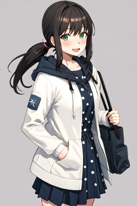 best quality, masterpiece, highres, solo, {fubuki_kantaicollection:1.15}, black_hair, ponytail, short_ponytail, serafuku, sidelocks, low_ponytail, smile, green_eyes, open_mouth, blush, 1girl, hood, looking_at_viewer, hooded_jacket, hoodie, jacket, white_jacket, blue_dress, dress, polka_dot, polka_dot_dress, backpack, bag, drawstring, alternate_costume, simple_background