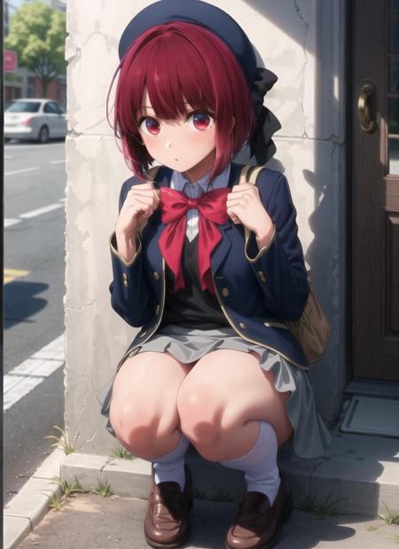 arimakana, 1girl, large  breasts, solo, black sweater,  black head ribbon, skirt, hat, red hair, shirts, short hair, bob cut, pink bow, bowtie, red eyes, socks, shoes, school uniform, open jacket, blue jacket, loafers, brown footwear, jacket, grey skirt, white socks, blunt bangs, <lora:arimakana_v1:0.9> outdoor, street, shiny skin <lora:more_details:0.4>