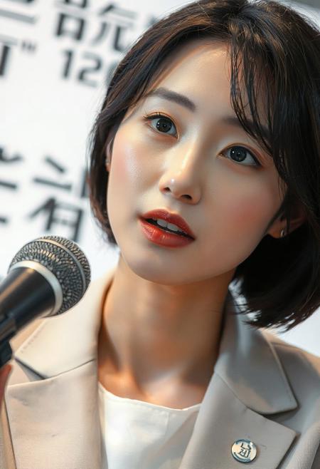 DSLR-style, elegant 26-year-old Korean model, dark eyes, extremely milky white skin with porcelain glow, smooth and luminous, flawless soft matte finish with light reflecting quality, Korean idol skin tone, subtle gradient from center to jawline, extremely pale white skin, parted lips, masterpiece, ultra high-resolution  
A close-up, eye-level shot captures a person with short, dark hair speaking into a microphone. They are dressed in a light-colored blazer over a white top, with a small metallic emblem visible on the lapel. Their mouth is slightly open as if in mid-sentence, and their gaze appears to be directed slightly upwards and to the right, suggesting they are addressing an audience or looking at a screen. The background is softly blurred, showing hints of a white wall with dark lettering, implying an indoor setting like a press conference or official meeting. The lighting is bright and even, highlighting their features.