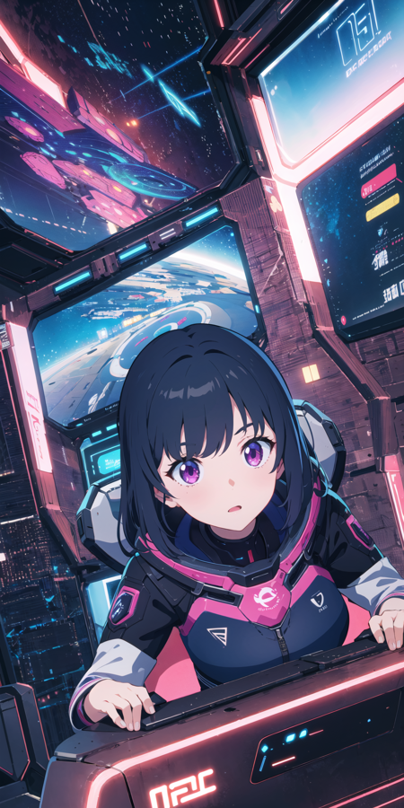 cyberpunk, best quality, extremely detailed, detailed background, anime, 1girl, young girl, short girl, scifi, spaceship, space