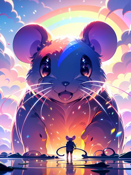 whiskers,mouse ears,animal ears,cloud,mouse tail,animal,tail,chinese zodiac,fangs,standing,sky,rainbow,oversized animal,1girl,outdoors,cloudy sky,mouse,open mouth,from behind,looking at viewer,mouse girl,1other,<lora:shiershengxiao:0.8>,