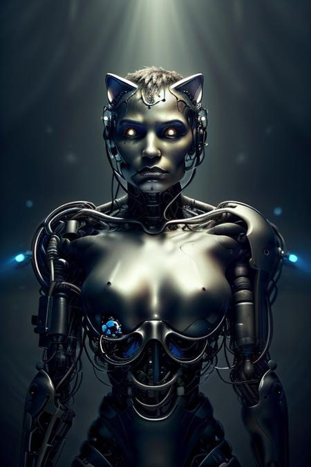cinematic film still silverpulse, cyborg cat, simple background, high quality, artistic, vibrant colors, detailed textures. futuristic sleek/glossy silver and blue glow, vibrant colors, detailed textures., Concept art, cyborg, background, vintage, modern, SilverPulse, <lora:SilverPulseMorphXL:0.8>, excellent composition, artistic, highly detail, holy, sunny, dynamic dramatic beautiful full taking . shallow depth of field, vignette, highly detailed, high budget, bokeh, cinemascope, moody, epic, gorgeous, powerful, Terminator,