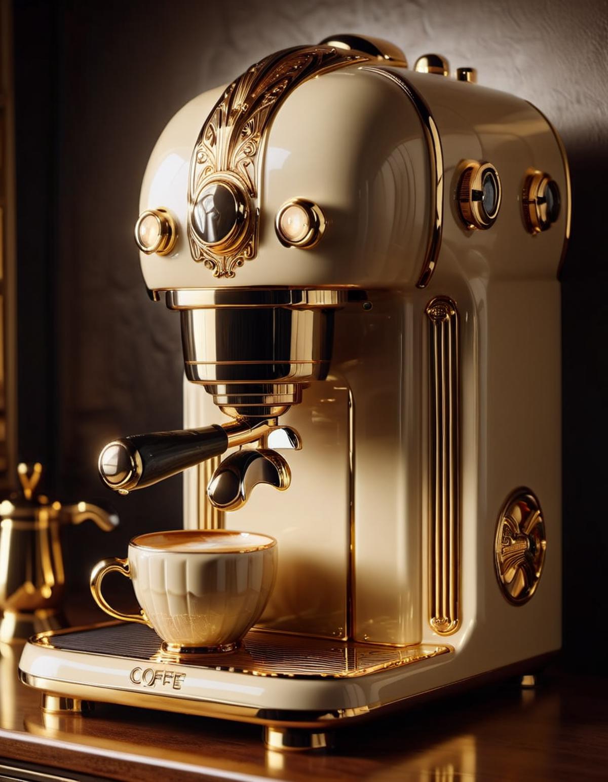 A Coffee Maker with a Golden Finish and a Cup of Coffee on the Platform.