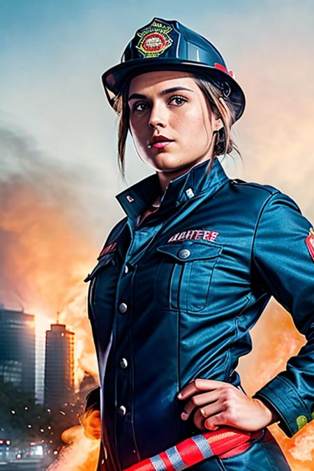 a photo of (MonicaRaymundV4-900) (in dressed as a firefighter blue:1.2), full body, (dynamic pose),((front view)), red lips, and a ((close up:1.3)), (black hair) ,loading fireman's hose, background is city ruins, (high detailed skin:1.2), 8k uhd, dslr, soft lighting, high quality, film grain, Fujifilm XT3