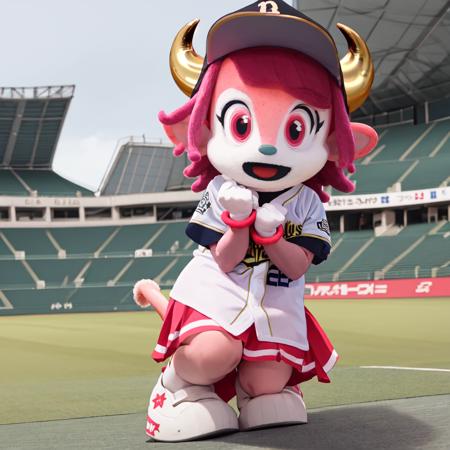 Buffalo_BELL, mascot, baseball uniform, baseball cap, 1girl, pink hair, pink eyes, horns, open mouth, tail, clothes writing, pink skirt, pleated skirt, furry, smile, furry female, pink fur, :d, blurry background, standing, blurry, 