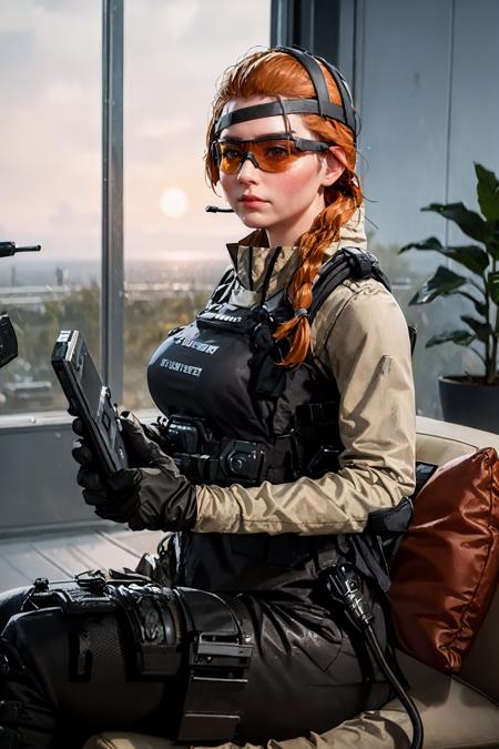 (masterpiece, best quality:1.2),   <lora:lis_(battlefield_2042):.9>, lis (battlefield 2042), solo, gloves, orange hair, headset, military, 1girl, uniform, holster, breasts, large breasts, goggles, bulletproof vest, braid, tinted eyewear, single braid, sunglasses,  window, plant, sitting, indoors, potted plant, couch, reading, scenery, sunset, building, wide shot, evening, city, shadow, from side, airport