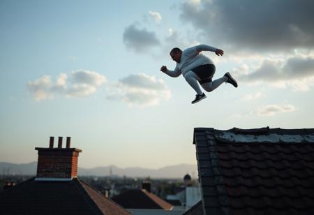 A photograph of a morbidly obese parkour runner jumping from roof to roof