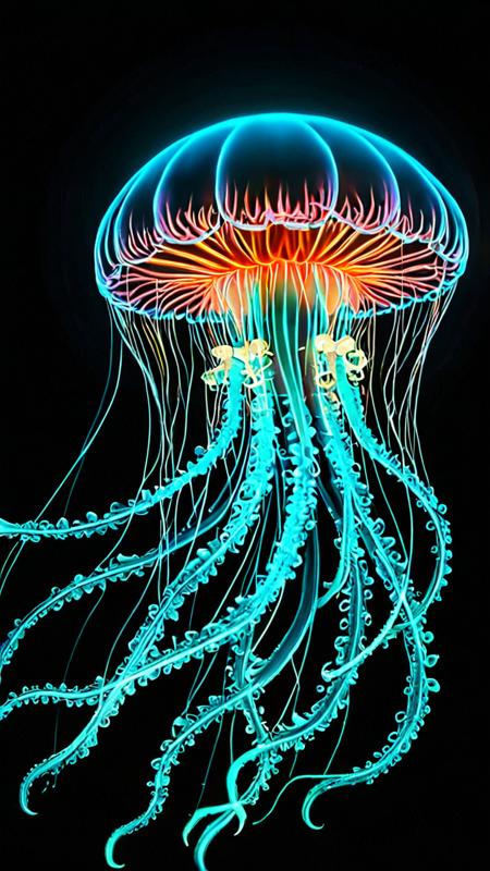 novuschroma70 style neon Jellyfish fractal, A single light blue jellyfish floats gracefully in the pitch-black depths of the ocean, its delicate long tentacles trailing behind it like an intricate lace. A dramatic and unusual scene. A world of beauty. Vintage style with retro filter. Toning effects for Instagram, breathtaking photos.<lora:novuschroma70 style_:1>