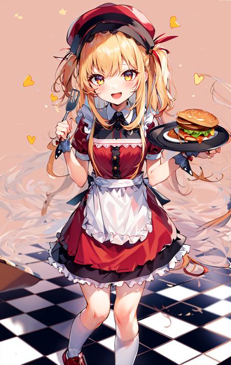 1girl, apron, argyle, argyle_background, argyle_legwear, bangs, blonde_hair, blush, board_game, bow, bowtie, burger, checkerboard_cookie, checkered, checkered_background, checkered_flag, checkered_floor, checkered_kimono, checkered_legwear, checkered_neckwear, checkered_scarf, checkered_shirt, checkered_skirt, chess_piece, cookie, diamond_\(shape\), dress, enmaided, flag, food, french_fries, frilled_apron, frills, hair_ornament, hat, holding_flag, holding_fork, holding_plate, holding_tray, long_hair, looking_at_viewer, maid, maid_headdress, omurice, open_mouth, orange_dress, orange_headwear, pancake, pink_background, plate, puffy_short_sleeves, puffy_sleeves, red_bow, red_dress, red_footwear, red_headwear, shirt, shoes, short_sleeves, skirt, smile, soccer_ball, socks, solo, standing, tile_floor, tiles, tray, waist_apron, waitress, white_apron, wrist_cuffs, yellow_eyes <lora:style_kedamaa:0.8>