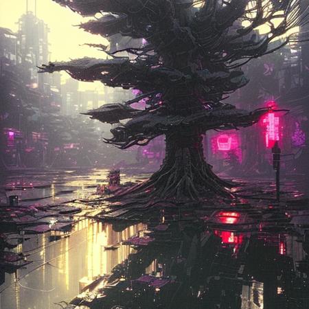 (cybernetic 4x1trees:1.3), tech,vaporwave, synthwave, cyberpunk,   (swamps:1.3), high-tech, (golden:1.2),  (Frightening:1.3) (RFNKTRY), (by Artist Akihiko Yoshida:1.3),(by Artist Ross Tran:1.3),(by Artist Tsutomu Nihei:1.3),masterpiece, 4k, HD, art by nvinkpunk