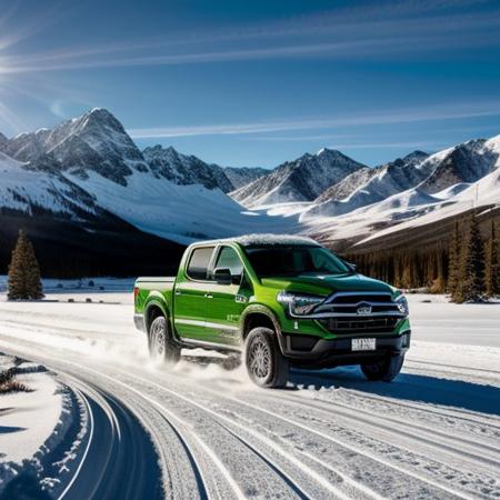 a bright green truck is driving on a snowy road, it is snowing, the sun is shining brightly, there is a frozen lake and snow-capped mountains in the background, high quality, masterful image, high detail, photography, realistic image