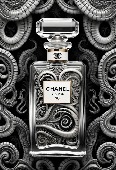 wallpaper pattern of Chanel no 5 perfume bottle, in the style of hokusai and HR Giger, best quality, masterpiece, HRGigerAI