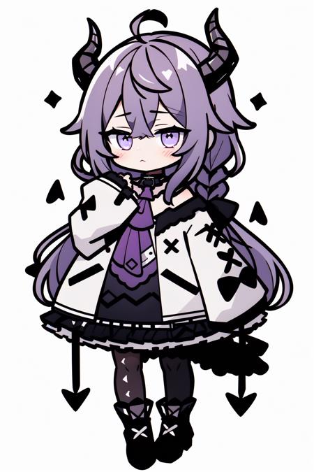 <lora:cute_flatline:1>, 1girl, la+ darknesss, virtual youtuber, horns, long hair, very long hair, multicolored hair, solo, sleeves past wrists, sleeves past fingers, streaked hair, purple hair, yellow eyes, on head, blush, grey hair, white background, striped horns, bird on head, full body, looking at viewer, demon horns, animal on head, braid, simple background, bird, standing, long sleeves, boots, single thighhigh, yellow ascot, ankle cuffs, thighhighs, bangs, tail, closed mouth, collar, metal collar, ascot, purple thighhighs, hair between eyes, black footwear, dress, black dress, ahoge, single leg pantyhose