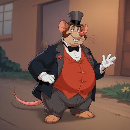 HonestJohn, 1boy,  solo, furry male, fat, top hat,  black bowtie, red vest, suit, pants mouse tail