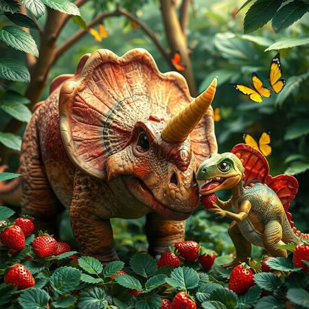 A triceratops eating strawberries in the jungle. There is a baby stegosaurus eating strawberries next to the triceratops. The jungle is beautiful and there are butterflies around the dinosaurs. In the style of toy story.