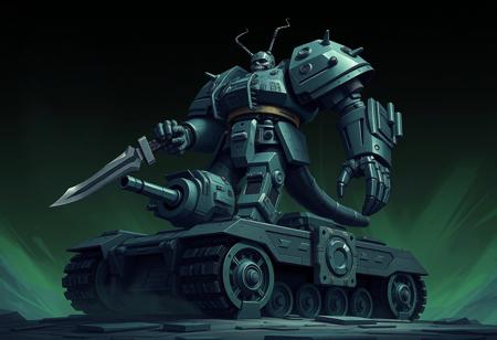 Create a high-quality, ultra-detailed image of a robot Big Cannon Ogre standing on top of an Ancient Gear Tank, with a gradient from green to black. The Ogre should be a handsome, Frankenstein-like character holding a jagged scimitar. Incorporate correct, fancy proportions and symmetry. Draw inspiration from the styles of Ilya Kuvshinov, Katsuhiro Otomo, Magali Villeneuve, Artgerm, Jeremy Lipkin, Michael Garmash, and Rob Rey, as well as the aesthetic of Riot Games.