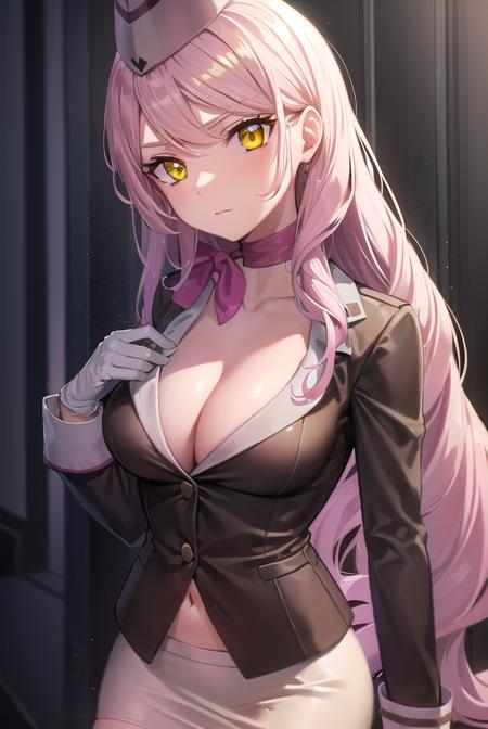 koyanskaya of darkness, long hair, pink hair, swept bangs, (yellow eyes:1.5), brown pantyhose, choker, cleavage, collarbone, eyewear strap, flight attendant, garrison cap, glasses, gloves, grey-framed eyewear, hat, jacket, long sleeves, miniskirt, navel, neck ribbon, pantyhose, pencil skirt, ribbon, ribbon choker, skirt, travel attendant, white gloves, white jacket, white skirt,