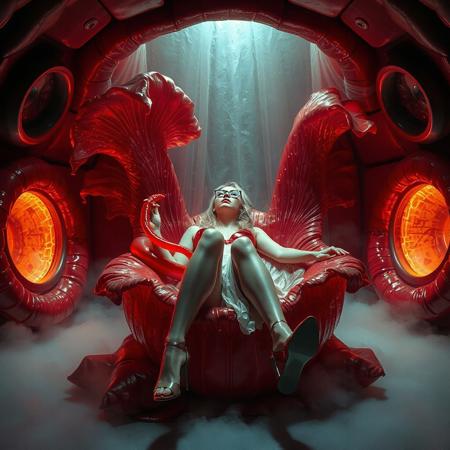ball-gagged blonde damsel.  lifted glossy nightgown, her glasses askew, glossy high heels, she is laying inside giant rafflesia bloom , red tentacle from the bloom streaming transparent slime to her body,  her legs spreaded wide apart, knees bent,   penetration, orgasm, mind break,   surrounded by  giant rafflesia  glossy  crystal slime covered red colossus petales , reflecting the faint glow of the weird alien laboratory chamber. thin transparent slime curtains, pillow foil canopy,  fog from the floor. floor covered by giant leather pillows.   the walls appear to be alive, covered in a pulsing, iridescent slime, while colossus observation portholes gaze in like empty eyes, as if the very darkness of space itself is watching this horrific scene unfold. Inspired by the dark, industrial sci-fi of H.R. Giger, the eerie, atmospheric lighting of Zdzisław Beksiński, and the surreal, biomechanical nightmares of Francis Bacon.
