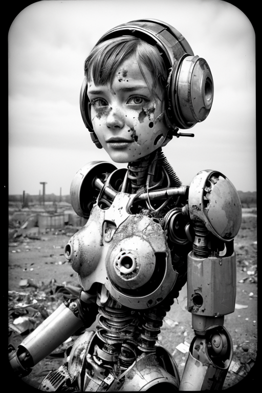 Photo of a broken ruined once beautiful cyborg girl   in a landfill, robot, body is broken with scares and holes,half the ...