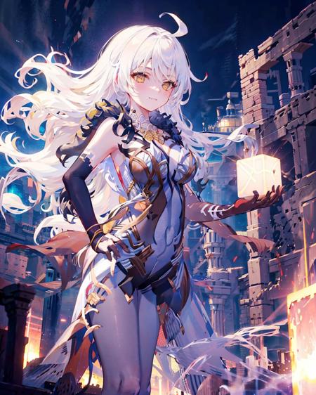 1girl,solo,sohp, <lora:SustainerHeavenlyPrinciplesV1[sohp]:1>,long_hair, large breasts,ahoge,
standing,outdoors,evil smile, colosseum,hand on hip,  gloves,white_hair,floating object, cube,