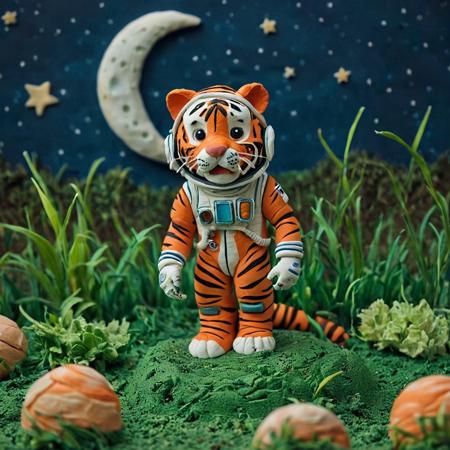 novuschroma51 style, claymation, score_9, score_8_up, score_7_up, score_6_up, score_5_up, score_4_up score_9,score_8_up, a realistic Tiger made of clay Wearing an astronaut helmet on a Grass Plains by Crescent Moon