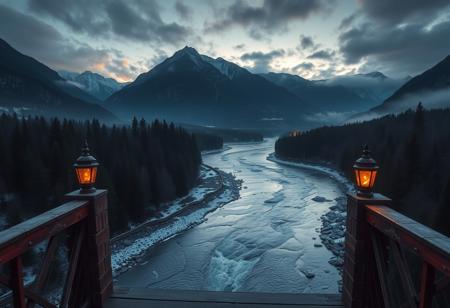medieval, D&D, real photo, 4k, high contrast, vibrant colours, movie still, pre-dawn, rich colours, view from a bridge looking over a cold river, mountains and forests