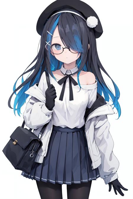 1girl, solo, skirt, hat, long hair, jacket, hair ornament, bag, glasses, black hair, shirt, multicolored hair, white jacket, pleated skirt, ribbon, black skirt, blue hair, pantyhose, colored inner hair, beret, long sleeves, white shirt, hairclip, white background, closed mouth, hair over one eye, simple background, bangs, round eyewear, two-tone hair, looking at viewer, shoulder bag, black ribbon, pom pom \(clothes\), neck ribbon, grey jacket, white headwear, cowboy shot, off shoulder, gloves, holding, open jacket, bow, x hair ornament, ia-style