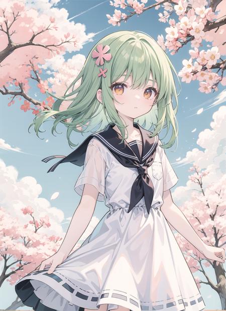 (pixiv masterpiece),masterpiece, best quality,multiple girls,yuri,BREAK,cute,kawaii, flat chest, green hair,(orange eyes),clover hair ornament, ((long hair)), disheveled hair, messy hair,kawaii,white hair,pale skin,purple eyes,(short hair),break,lucency full dress,cherry blossoms,school,spring,