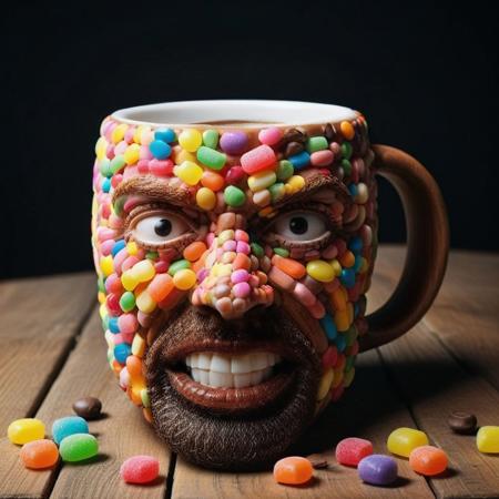 coffee mug with GigaChad1024 face covered in candy, masculine face, looking at viewer, happy, grin, beard, wooden table, kitchen, cinematic lighting, colorful