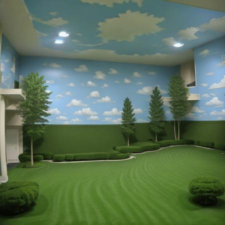 (indoors:1.3), forest, trees, plants, hedge, grass, fake sky painted on the wall
<lora:Liminal_Spaces_XL:1>