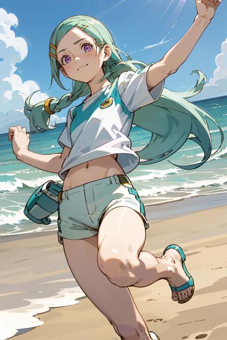 1girl, eureka, purple eyes, aqua hair, (long hair:1.2), (white t-shirt:1.2), shorts, hairclip, short sleeves, sandals, beach, jumping on sand, (smiling:0.7) <lora:eureka_v9:1.0> <model:cbfba64e66:non-realism_anime_CounterfeitV30_v30>