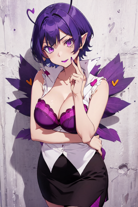 RaimDemonSchool, 1girl, solo, short hair, large breasts, cleavage, purple eyes, collarbone, purple hair, sleeveless, pointy ears, purple bra, makeup, purple bra, heart ahoge, purple hair, miniskirt, demon tail, lace trim, pencil skirt, 