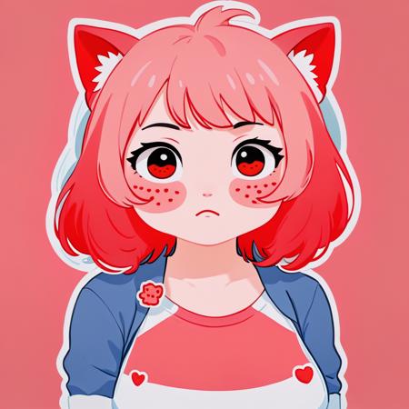 a cute neko 1girl is embarrassed with a red face of shame, cold colors, stylized, simple background, cutestickers, (sticker:1.4), art, (big fat stroke:1.2), cute comic, minimalistic, ohwx style