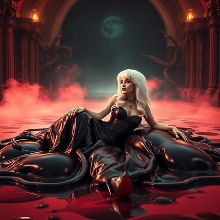 Sexy, sultry, (Female, 1girl):1.3, (glossy foil satin highly detailed georgian gown):1.3, (Huge breasts, big boobs, Large breasts), (firm Round perky breasts:1.2), (posturecollar):1.25, (, slim waist:1.35).  glossy high heels, laying  (knees spread wide apart), orgasm face, red lipstick, red nails,  spreaded at  glossy wet-look  black jelly pillows floating in giant slime pool,  tentacles spreading from  giant  portal to alien space  at background,  makeup, long hairs,  weird evil aliens harem, red fog from the floor,  horror, aliens, sci-fi, space,  Rembrandt Lighting Style, great lighting. At twilight, in victorian mansion sideview Ultra realistic, 8k, uhd, best quality, best resolution, lifelike, white wig, ent over, on all fours, large breasts, big boobs, huge tits, georgian gown,
