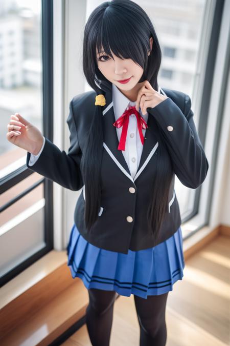 best quality, masterpiece, real,realistic, photo,photorealistic,cowboy shot, 
1girl, tokisaki kurumi, jkxf,skirt, solo, pantyhose, stairs, school uniform, blue skirt, black hair, jacket, ribbon, twintails, shoes, long hair, loafers, red ribbon, white shirt, full body, neck ribbon, shirt, black pantyhose, looking at viewer, long sleeves, bangs, blazer, pleated skirt, low twintails, collared shirt, indoors, black jacket, standing, smile, brown eyes, closed mouth, hair over one eye, tokisaki kurumi, black footwear, lips, hair ornament, window, holding, brown footwear, blurry, miniskirt, hand up, hallway, breasts, buttons, nose, backlighting,
<lora:tokisaki kurumi jkxf_v1_07:0.7>