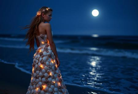 A young woman standing at the edge of a moonlit beach, wearing a gown made of intricate seashells and pearlescent scales. Her hair is adorned with glowing coral and seaweed, softly swaying with the breeze. The waves gently lap at her feet, and the distant horizon glows with pale light.