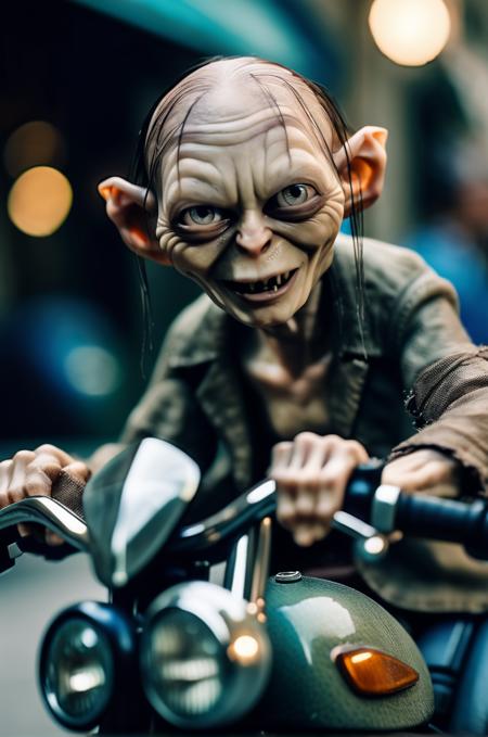 smeagol riding a motorcycle, photorealistic, bokeh, film grain, sharp focus