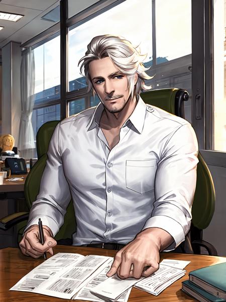 masterpiece,best quality,highres,1boy,<lora:ShadowverseVincentV3:0.86>,old,white shirt,coffee,sitting on office chair,desk,West Streetscape through window,looking at viewer,(beard:0.43),(smile:0.43),newspaper