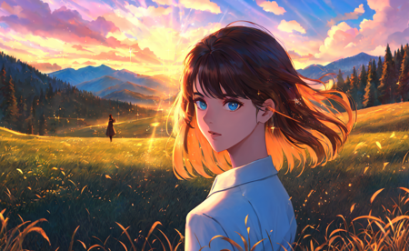 masterpiece, best quality, sakimori, <lora:sakimori:0.75>, outdoors, sparkle background, sparkle, 1990s \(style\), close-up, floating hair, sunset, grass, mountain, mountainous horizon, sunlight, light rays, 8k, portrait,