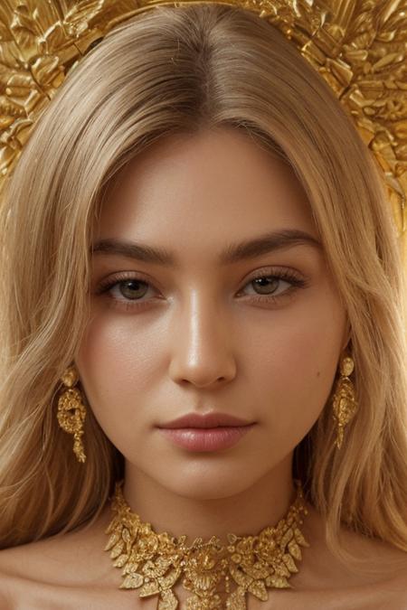 a superb woman's face made entirely of gold, high detail, hard shadows
