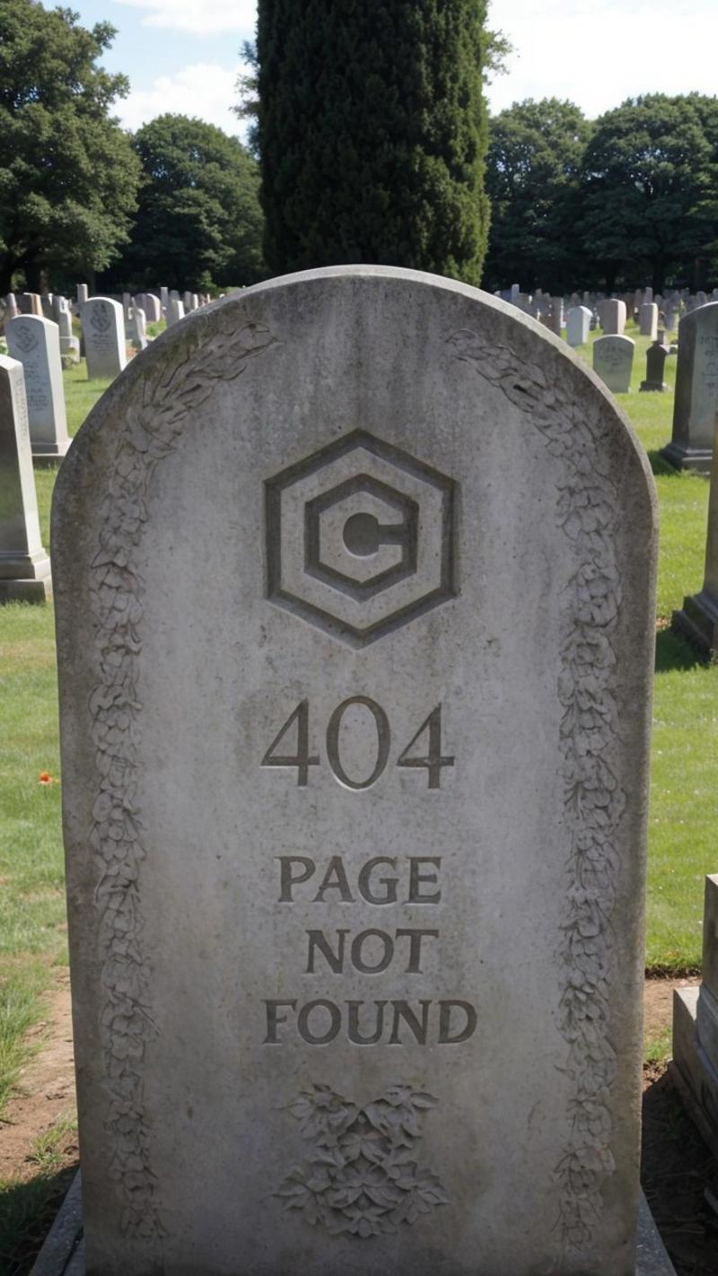 A stone memorial with a 404 error message.