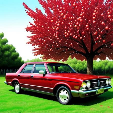 A tree with apples, the tree is red and the apples are red, car