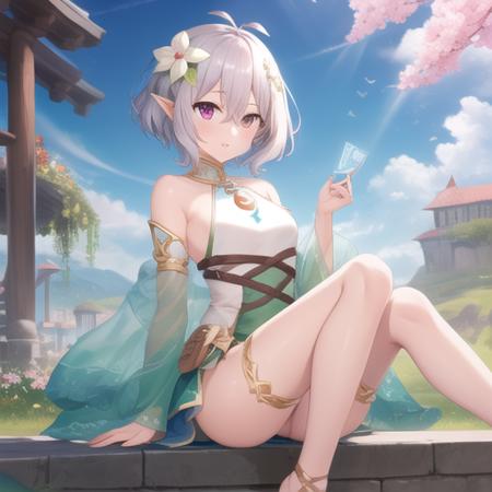 (masterpiece, best quality:1.2),illustration,8k,hd,1girl,solo,kokkoro (princess connect!),pointy ears,hair ornament,elf,hair flower,flower,short hair,grey hair,hair between eyes,antenna hair,looking at viewer,detached sleeves,dress,sandals,see-through,purple eyes,see-through sleeves,pink eyes,white flower,<lora:Kokkoro(pri)>,