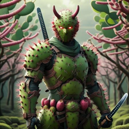A realistic Samurai holding a sword, sword  made of Prickly Pear, solo, armor made of Prickly Pear, 1boy, male focus, holding, dual wielding, samurai, helmet made of Prickly Pear, horns, holding sword, japanese armor made of Prickly Pear, light green skin, green eyes, full body, fighting stance, Tokio background, tokio, Sakura tree made of Prickly Pear, cherry blossom tree, tree made of Prickly Pear, glowing, glowing eyes, sheath, standing, gloves, teeth, japanese clothes, red hair, shoulder armor, demon, looking at viewer, Latex mask, ponytail, fangs, sharp teeth, Prickly Pear armor
